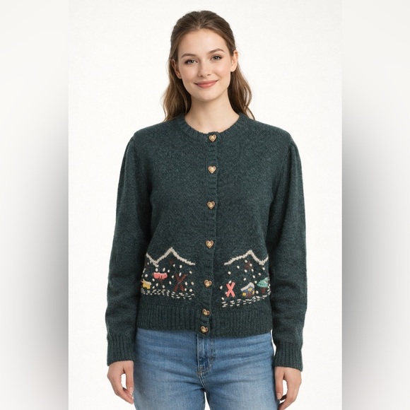 Gaberina Prexl Sweaters - Gaberina Prexl Austria Alpaca Wool Cardigan Heart Buttons Winter Scene 44